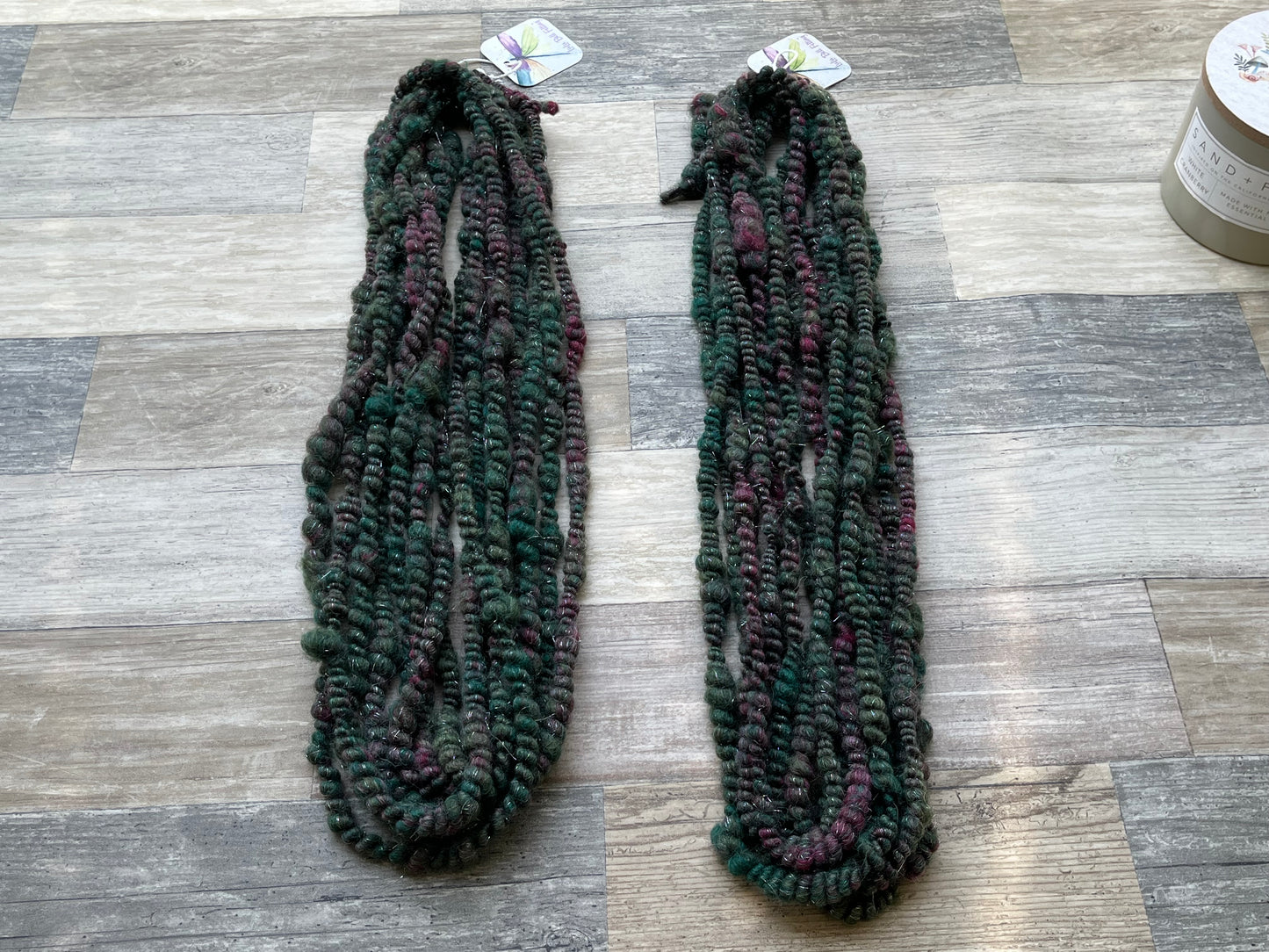 Thick and Thin Core Spun Art Yarn - Green/Purple tone - 8 Yards and 74 grams