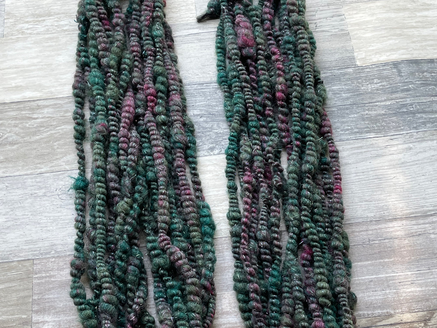 Thick and Thin Core Spun Art Yarn - Green/Purple tone - 8 Yards and 74 grams